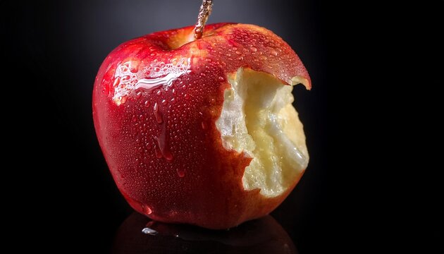 a red apple with a bite taken out of it the apple is wet and has a shiny skin the background is black