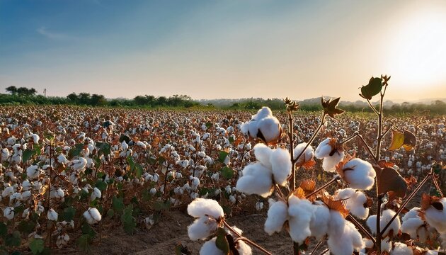 cotton plant ready to harvest cotton plantation at sunset