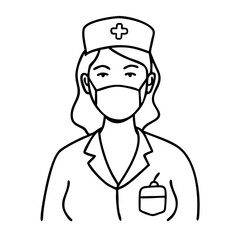 Fototapeta premium Nurse Line Art Vector Illustration with Face Mask and Medical Cap