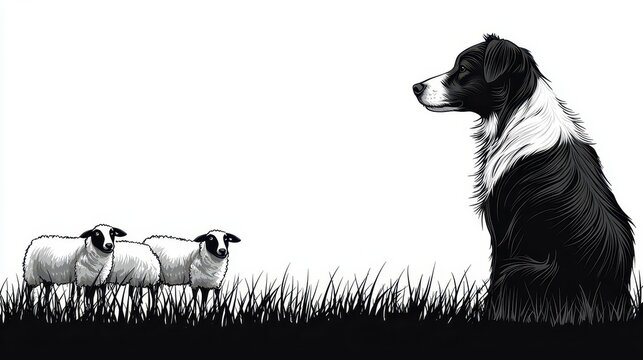A border collie watching sheep, vector art, bold lines, isolated on white background