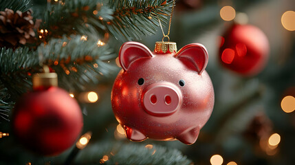 A festive piggy bank ornament hanging on a Christmas tree.