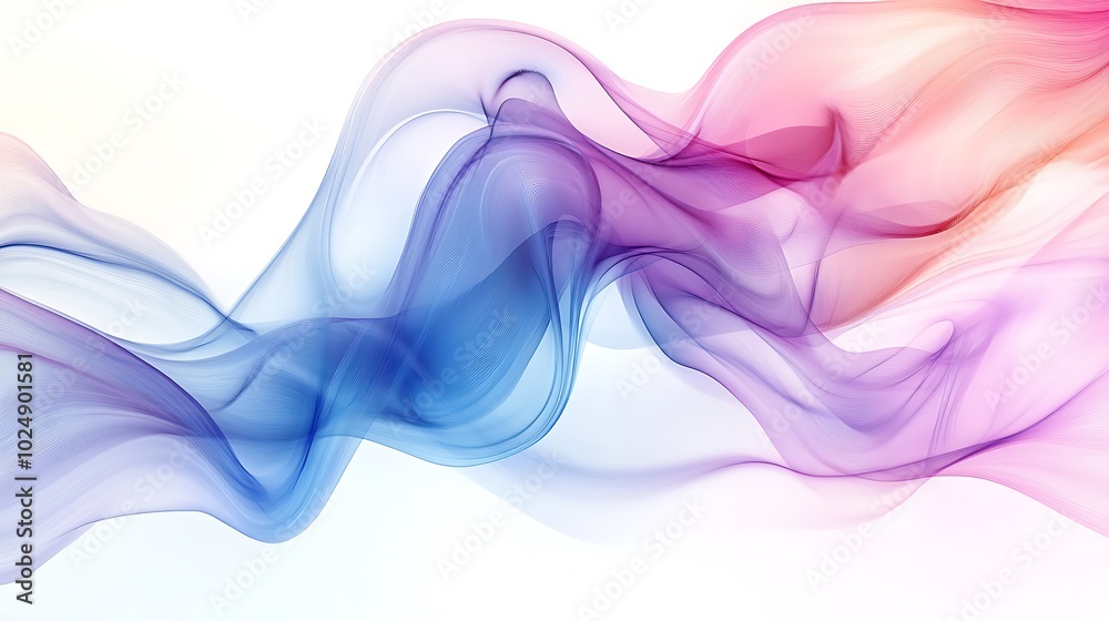 Poster Abstract illustration of swirling fluid lines, soft pastel colors of pink, blue, and lavender, delicate curves and subtle shadows, overlapping translucent layers creating depth,