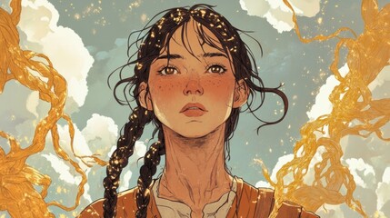 Portrait of a Woman with Braids Against a Cloudy Sky with Gold Dust