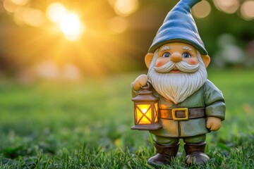 Obraz premium Charming Garden Gnome with Lantern in Lush Setting
