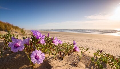 Fototapeta premium purple flowers at the beach in the sand