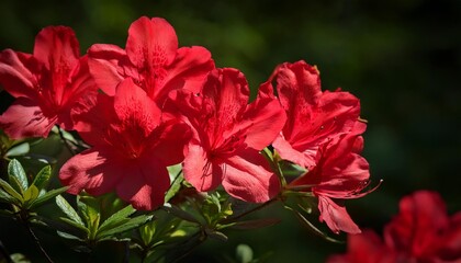 Obraz premium red blossoms of an azalea bush full bloom dark green very blurred background a strong contrast that brings out the petals very nicely