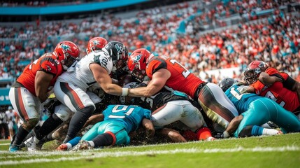 Intense Pileup on the Field, Powerful Football Players Fight for Yardage During Gridiron Battle.