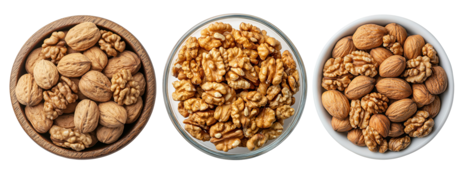 Top view Walnuts in bowl on white background