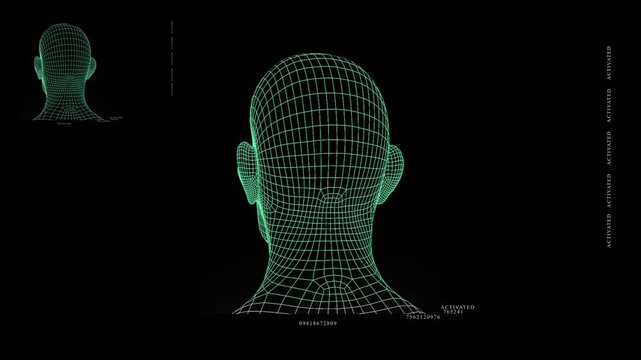 Digital artificial intelligence particle face. 3D bionic pixeled rotating human head mesh. AI, artificial intelligence with 3D man profile hd animated loop concept.