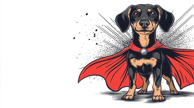 A dachshund wearing a superhero cape, vector art, fun and dynamic, isolated on white background