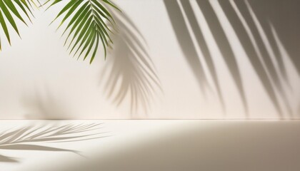 palm leaf shadows on white wall and cream pastel floor abstract background of shadows palm leaves for creative summer mock up neutral tropical palm mockup on light backdrop vertical