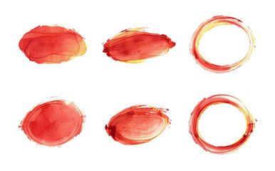 red brush stroke set, oval and circle shape, isolated composition, stylized paint
