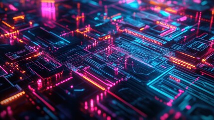 Fototapeta premium Abstract 3D rendering of a futuristic circuit board with neon lights.