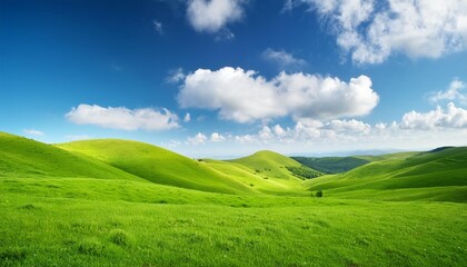 Obraz premium green hill landscape under blue sky with white clouds serene nature background vibrant grass field clear weather day outdoor scenery for relaxation and peace