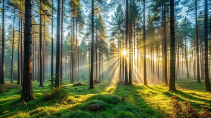 Obraz premium Morning sunlight shining through trees in a forest