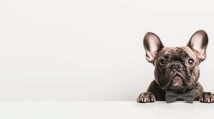 A French bulldog wearing a bowtie, 3D rendering, fun and quirky, isolated on white background