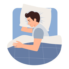 Man sleeping in bed under duvet. A guy lying in a side pose during dream on pillow, top view. Vector Illustration
