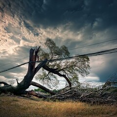 a tree has fallen on a power line and the sky is cloudy