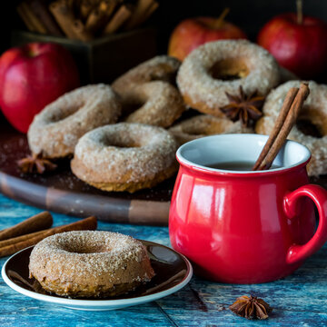 A sugar cinnamon coated doughnut with hot apple cider, ready for eating.