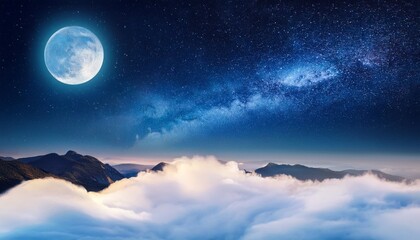 design an image of a dreamy night sky filled with stars soft clouds glowing moon tranquil vibe realistic double exposure illustration copy space