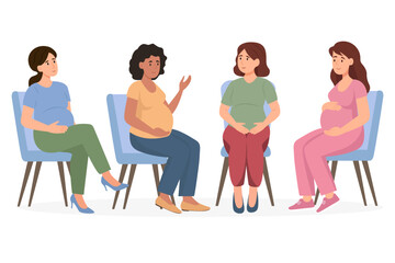 Obraz premium Maternity preparation seminar. Group of pregnant and happy young women talking and laughing, holds their bellies waiting for the birth of a child. Vector illustration