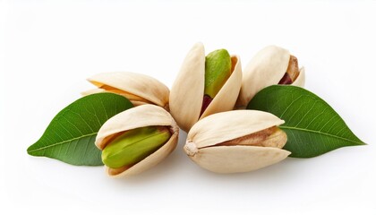 pistachio with leaves on white background
