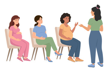 Obraz premium Group of pregnant women visited psychology support courses. Female couch speaking about pregnancy and maternity. Pregnancy Support, Prenatal Psychology Help, Happy Motherhood. Vector illustration