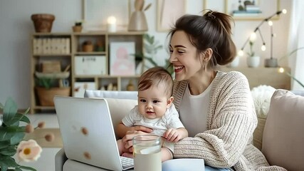 Mother working from home while holding her baby

