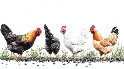 Fototapeta premium A group of hens pecking the ground, pencil illustration, muted tones, isolated on white background