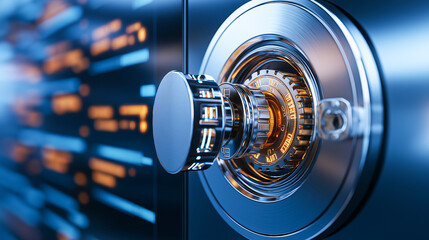 close up view of secure vault door with digital interface in background, symbolizing online banking security and digital locks. image conveys sense of safety and advanced technology