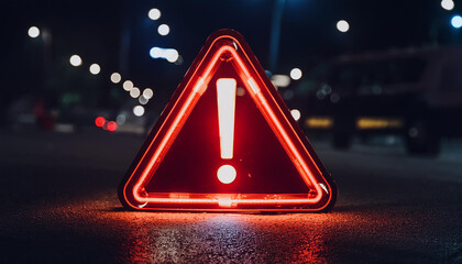 Glowing neon red triangle sign with exclamation point on dark. Warning indicator. Alert signal.