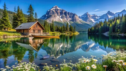 Fototapeta premium Mountain cabin with snow, pine trees, rowboat, clear sky, tranquil water