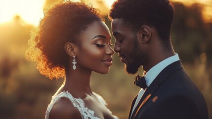 A couple is embracing each other in a field with the sun shining on them