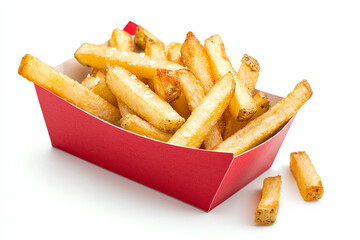 Crispy golden French fries in red container, perfect for snacking or as side dish. These delicious fries are seasoned and ready to enjoy, evoking sense of comfort and indulgence