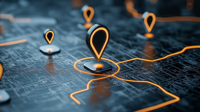 3D location icon with orange glow on dark map, highlighting navigation and connectivity. vibrant colors create modern and tech savvy atmosphere
