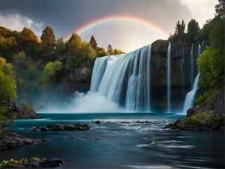 A breathtaking scenic waterfall accompanied by a vibrant rainbow and a small boat at sunset