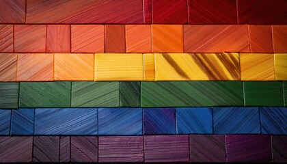 Colorful Stacked Wooden Panels in a Rainbow Gradient Representing the LGBTQ Pride Flag. Vibrant Multicolored Timber for Inclusive Interior Design, Artistic Installations, and Modern Decorative Concept