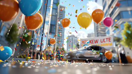 A front view of a business celebrating a new product launch, with a large banner and excited employees gathered