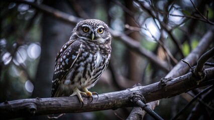 Fototapeta premium An owl perched on a branch, surrounded by darkness, showcasing its keen eyes and feathers in the night. 