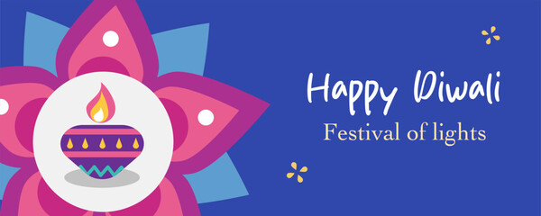 Horizontal Diwali Hindu festival of lights greeting template with oil lamp, mandala shapes and blue illustration background for branding, social media, greeting card, web, banner, cover, flyer, poster