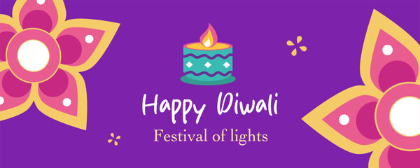 Horizontal Diwali Hindu festival of lights greeting template with oil lamp, mandala shapes and flat illustration background for branding, social media, greeting card, web, banner, cover, flyer, poster