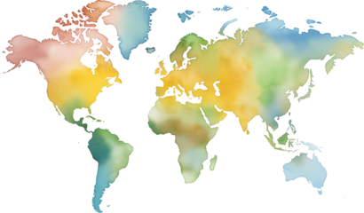 Colorful watercolor world map on transparent background.