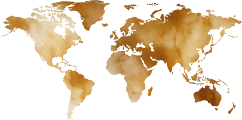 Colorful coffee stain paint world map on transparent background.