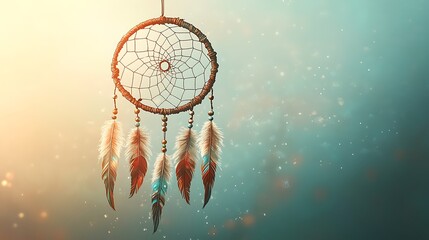 Obraz premium Bohemian-style illustration of a dreamcatcher with delicate feathers hanging down, beads and arrows incorporated into the design, subtle shading and gradients, soft colors like cream, light brown,
