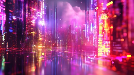 Futuristic city skyline with vibrant neon lights and reflections.