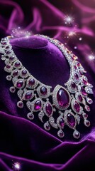 Fototapeta premium Shiny silver and ruby necklace on a luxurious royal purple velvet cloth, with a purple-to-silver gradient background and subtle festive sparkles, Copy space, happy Diwali background, traditional