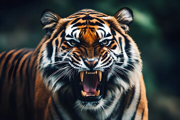 Fierce Tiger Roaring in the Jungle, A powerful and intense image of a tiger roaring in its natural habitat. The close-up shot captures the tiger's fierce expression, sharp teeth, and striking stripes