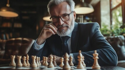 A man in a suit is sitting at a chess board with a smile on his face