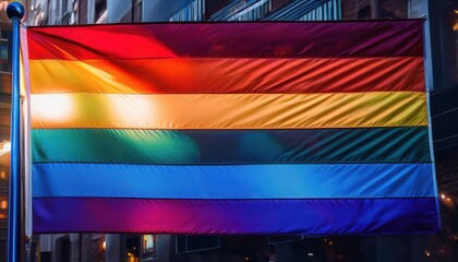 Vibrant LGBTQ+ Pride Flag Waving in Urban Setting. Symbol of Equality and Diversity in City Landscape