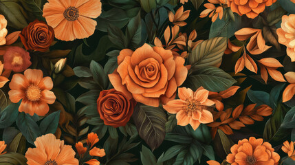 A beautifully arranged seamless pattern showcasing diverse flowers in rich orange hues, complemented by subtle green leaves, perfect for fabric design or wallpaper